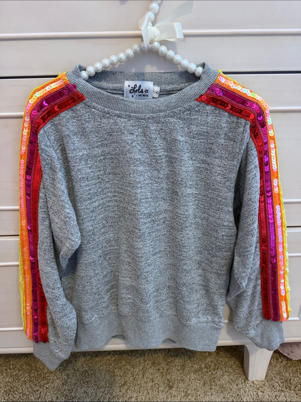 Lola + The Boys Gray Sweatshirt with Pink, Orange & Red Sequin Stripes
